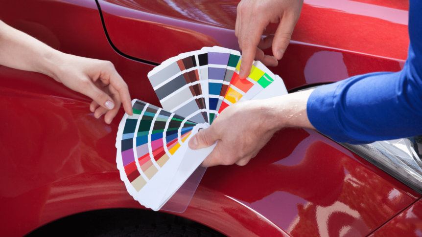 image of car paint swatches in front of car body