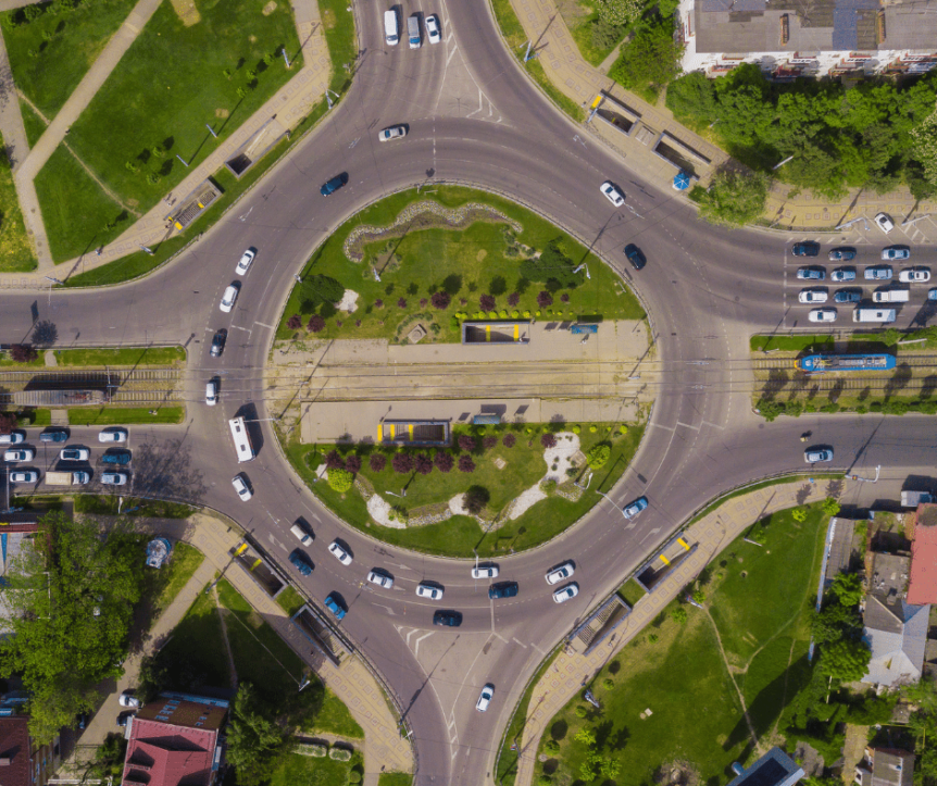 Birdseye view of roundabout intersection